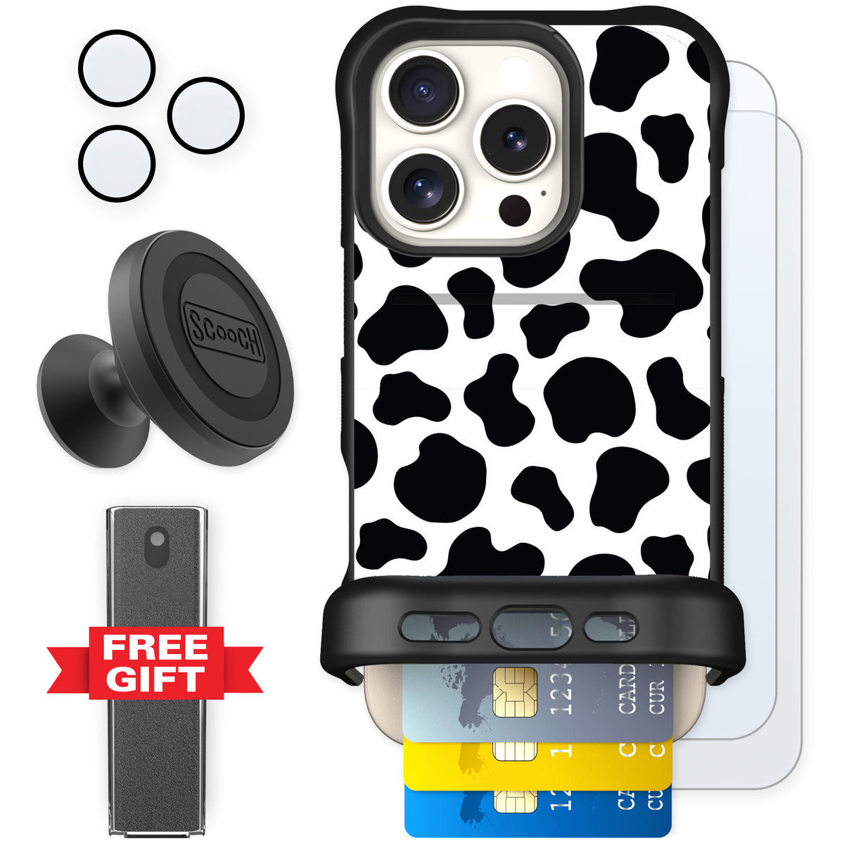 Scooch Wingmate Cow Print for iPhone 16 Pro — Defender Bundle