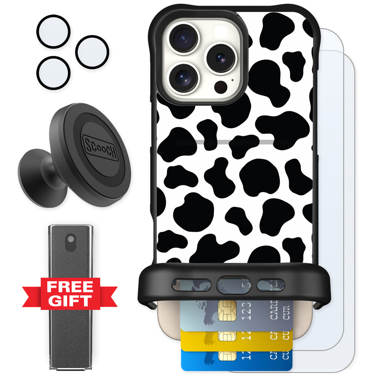 Scooch Wingmate Cow Print for iPhone 16 Pro Max — Defender Bundle