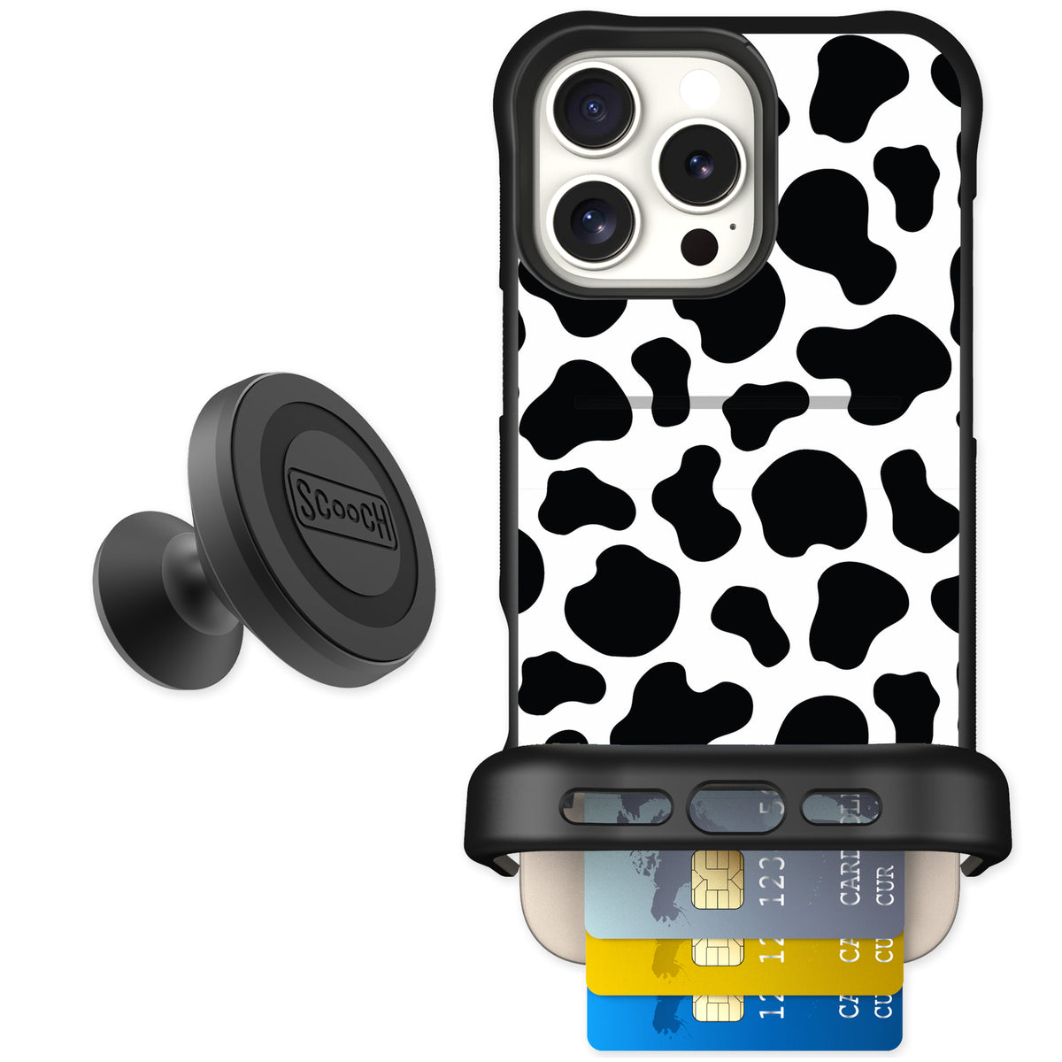 Scooch Wingmate Cow Print for iPhone 16 Pro Max — Starter Bundle