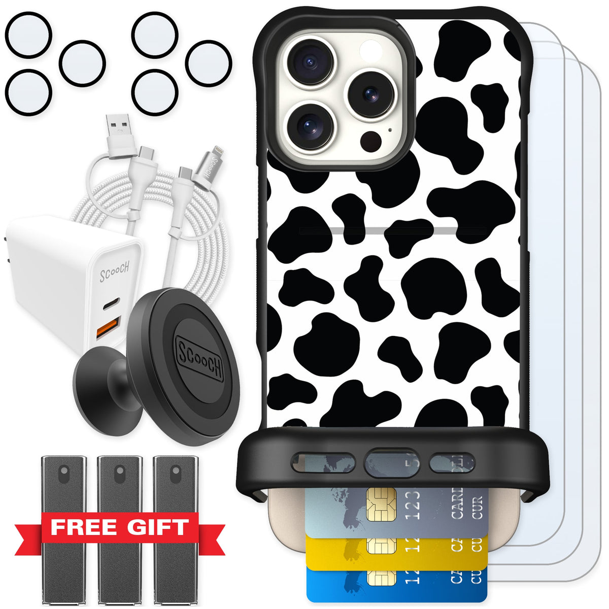 Scooch Wingmate Cow Print for iPhone 16 Pro Max — Ultimate Bundle
