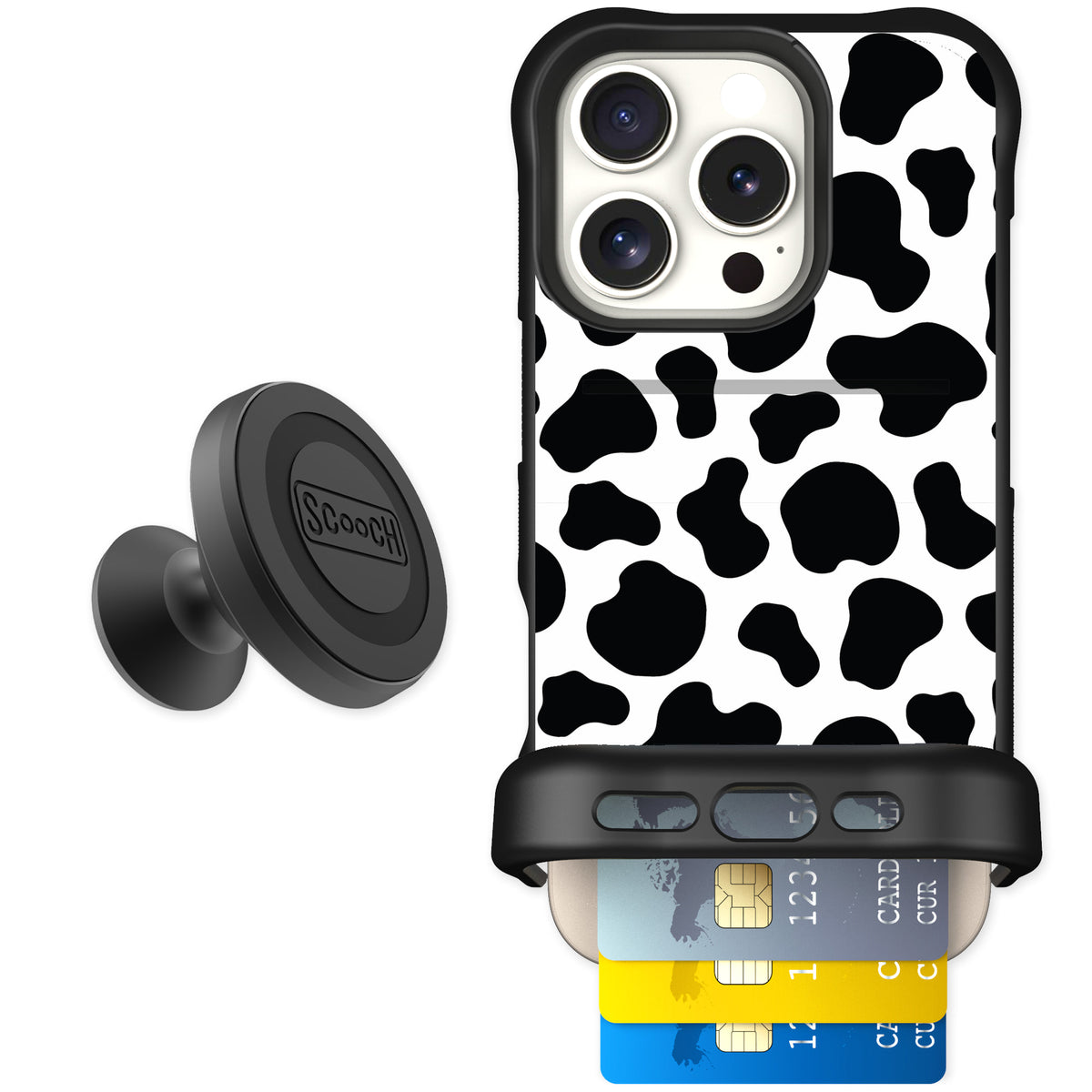 Scooch Wingmate Cow Print for iPhone 16 Pro — Starter Bundle
