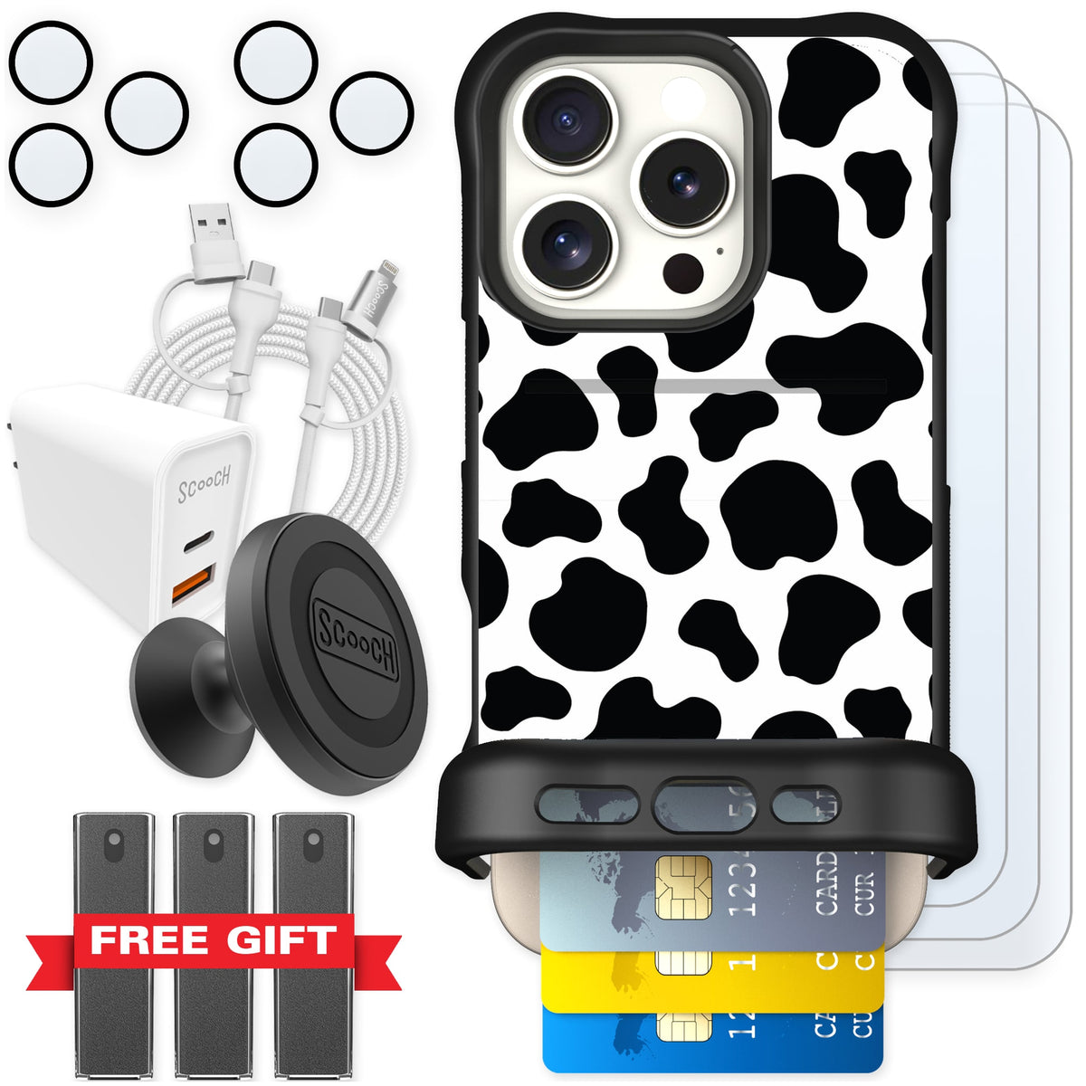 Scooch Wingmate Cow Print for iPhone 16 Pro — Ultimate Bundle