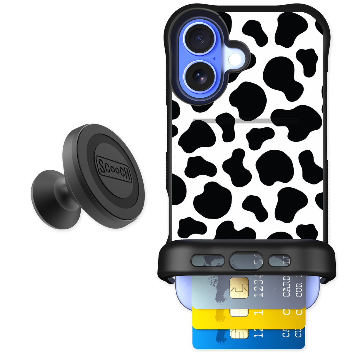 Scooch Wingmate Cow Print for iPhone 16 — Starter Bundle