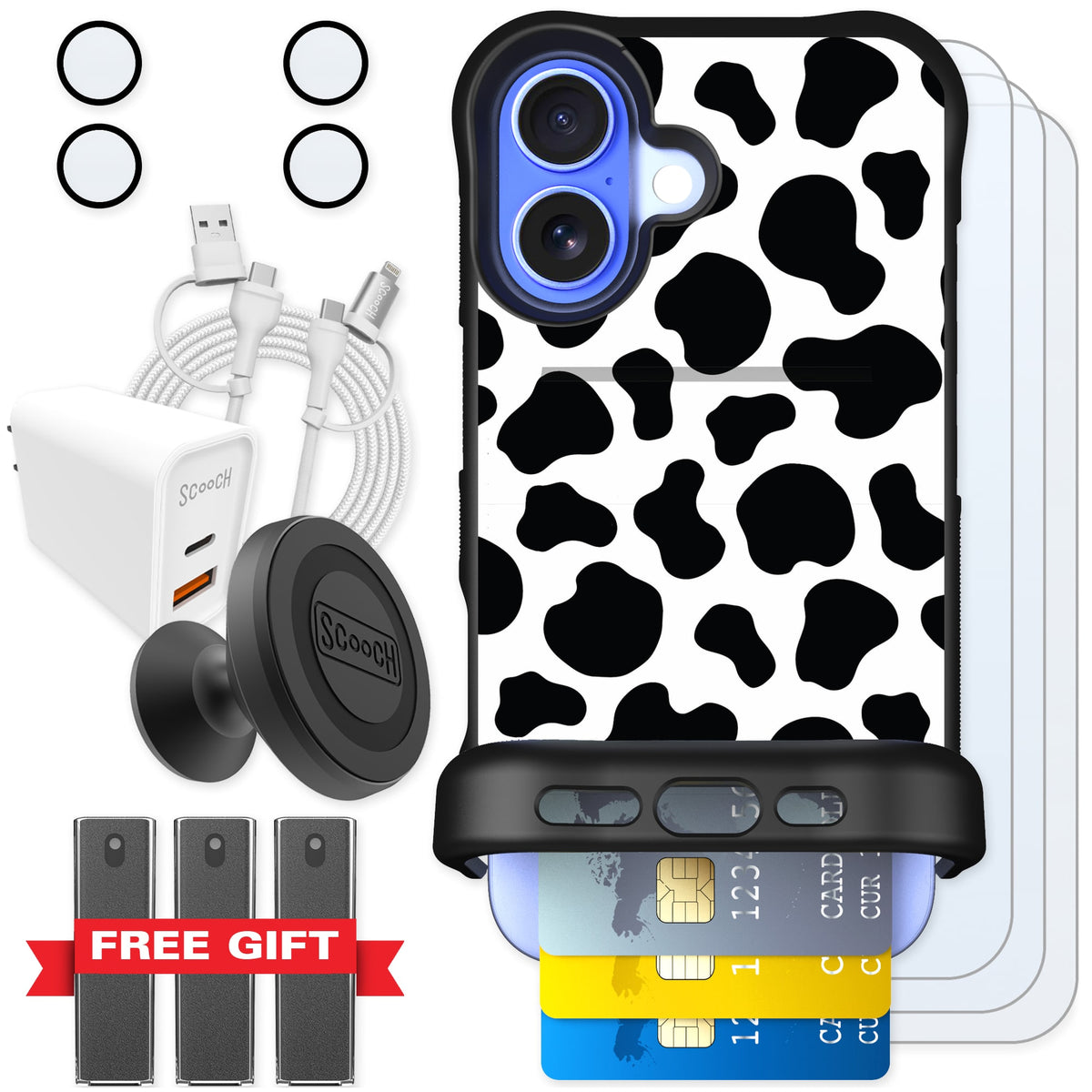Scooch Wingmate Cow Print for iPhone 16 — Ultimate Bundle