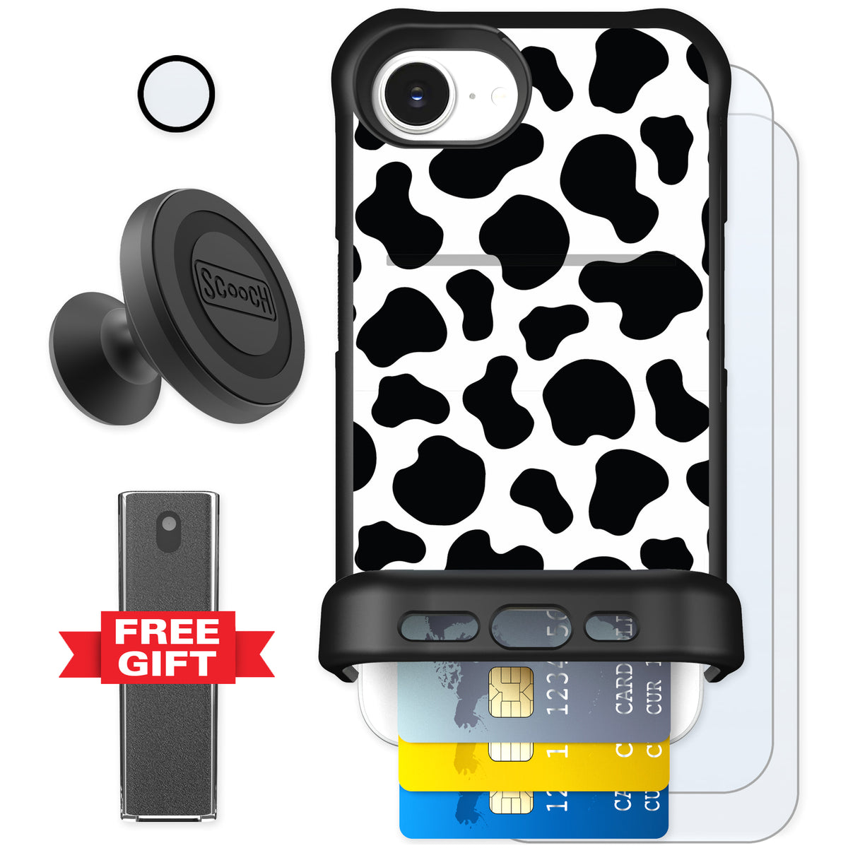 Scooch Wingmate Cow Print for iPhone 16e — Defender Bundle