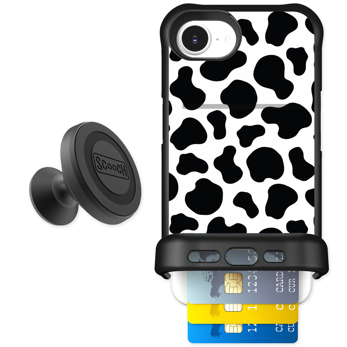 Scooch Wingmate Cow Print for iPhone 16e — Starter Bundle