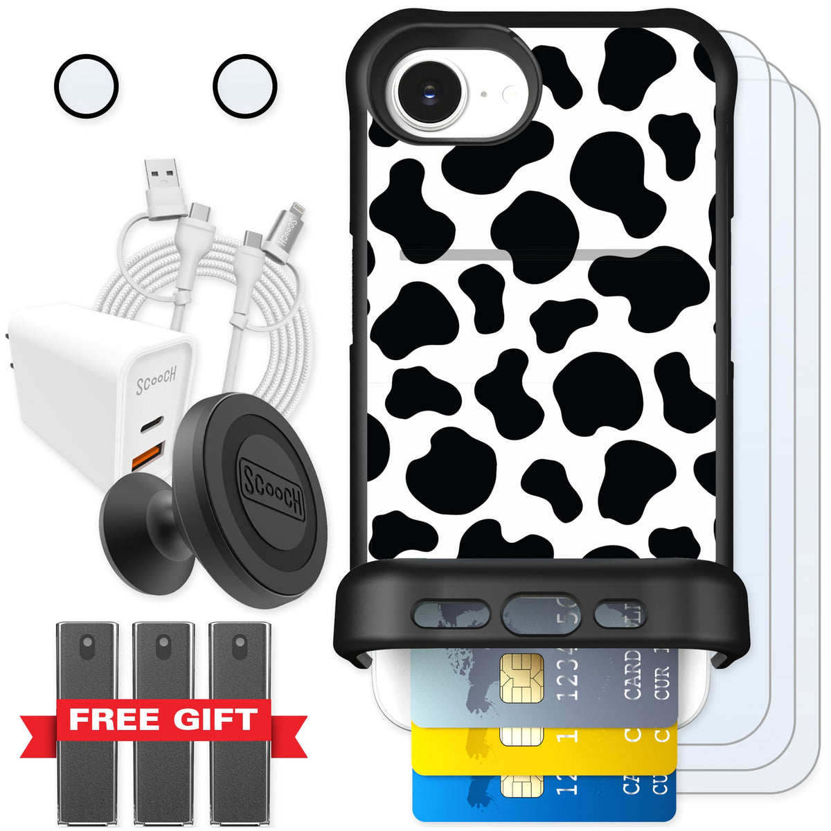 Scooch Wingmate Cow Print for iPhone 16e — Ultimate Bundle