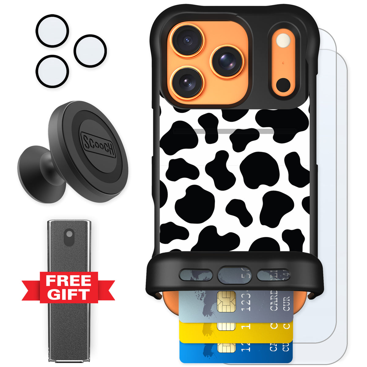 Scooch Wingmate Cow Print for iPhone 17 Pro — Defender Bundle