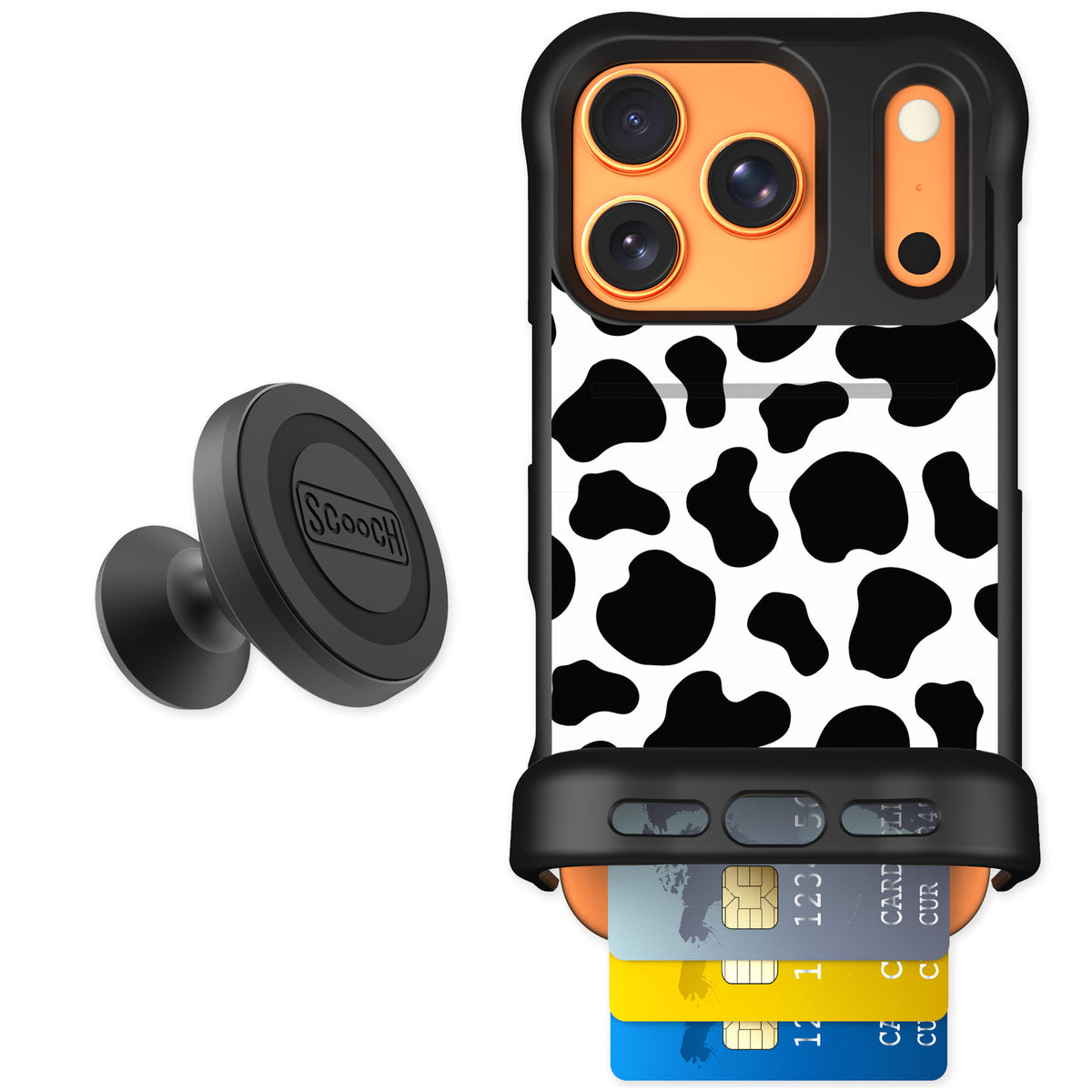 Scooch Wingmate Cow Print for iPhone 17 Pro — Starter Bundle