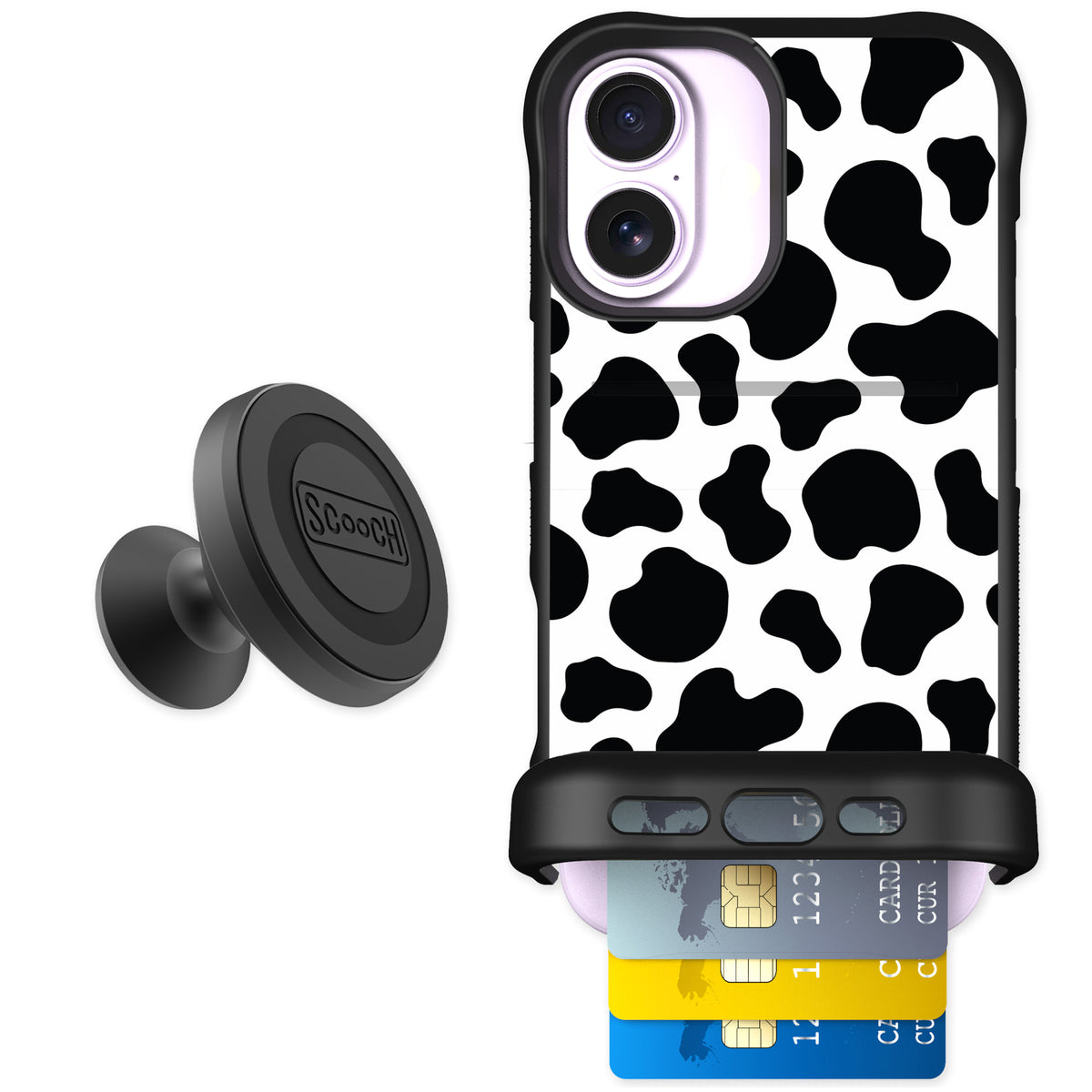 Scooch Wingmate Cow Print for iPhone 17 — Starter Bundle