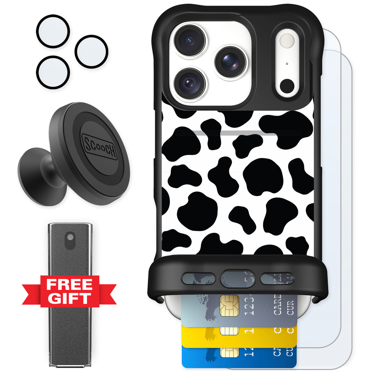 Scooch Wingmate Cow Print for iPhone 18 Pro — Defender Bundle
