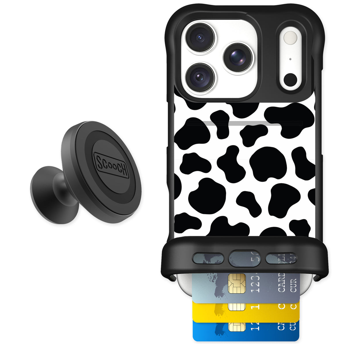 Scooch Wingmate Cow Print for iPhone 18 Pro — Starter Bundle
