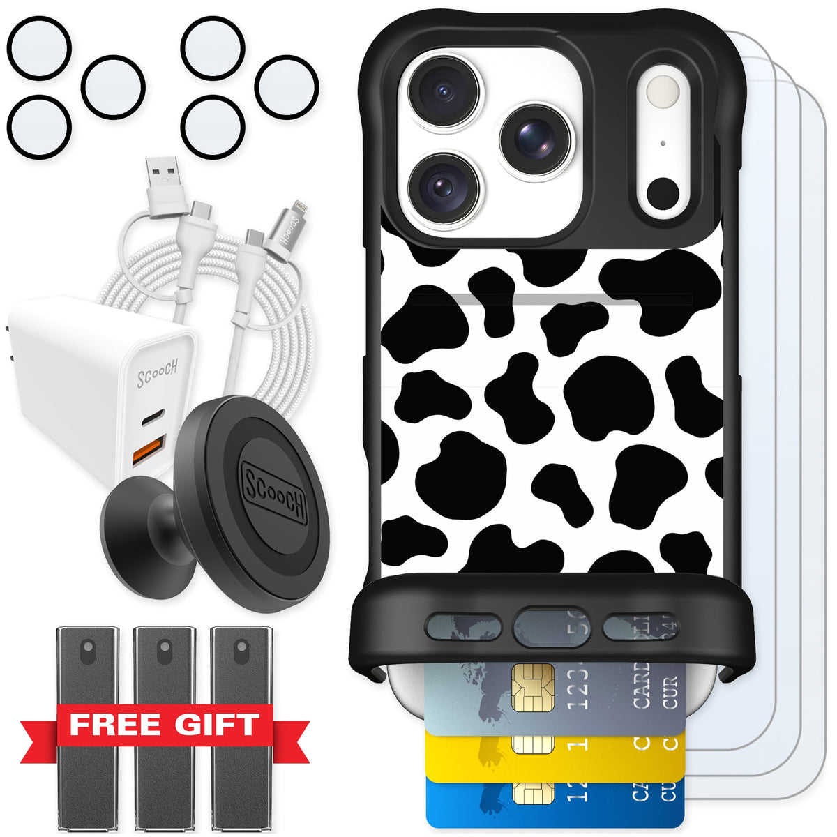 Scooch Wingmate Cow Print for iPhone 18 Pro — Ultimate Bundle