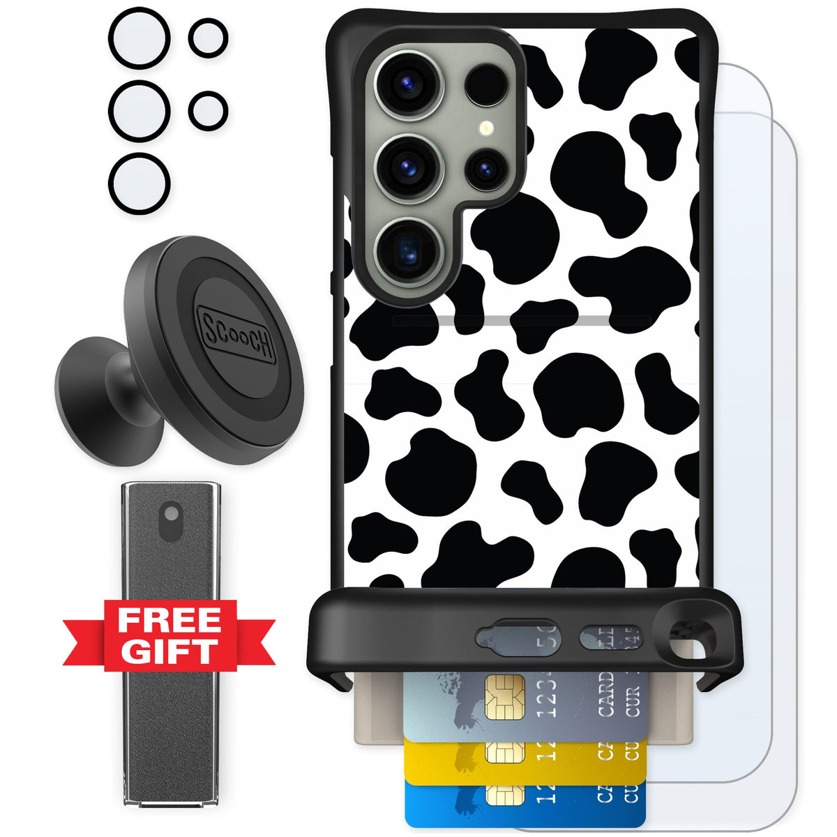 Scooch Wingmate Cow Print for Galaxy S24 Ultra — Defender Bundle