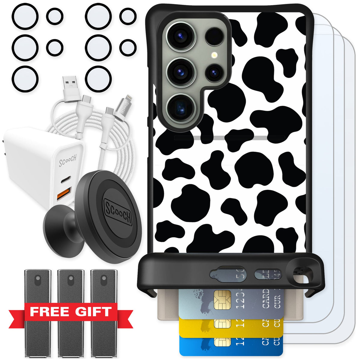 Scooch Wingmate Cow Print for Galaxy S24 Ultra — Ultimate Bundle