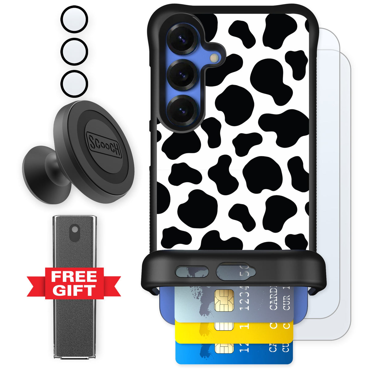 Scooch Wingmate Cow Print for Galaxy S25 — Defender Bundle