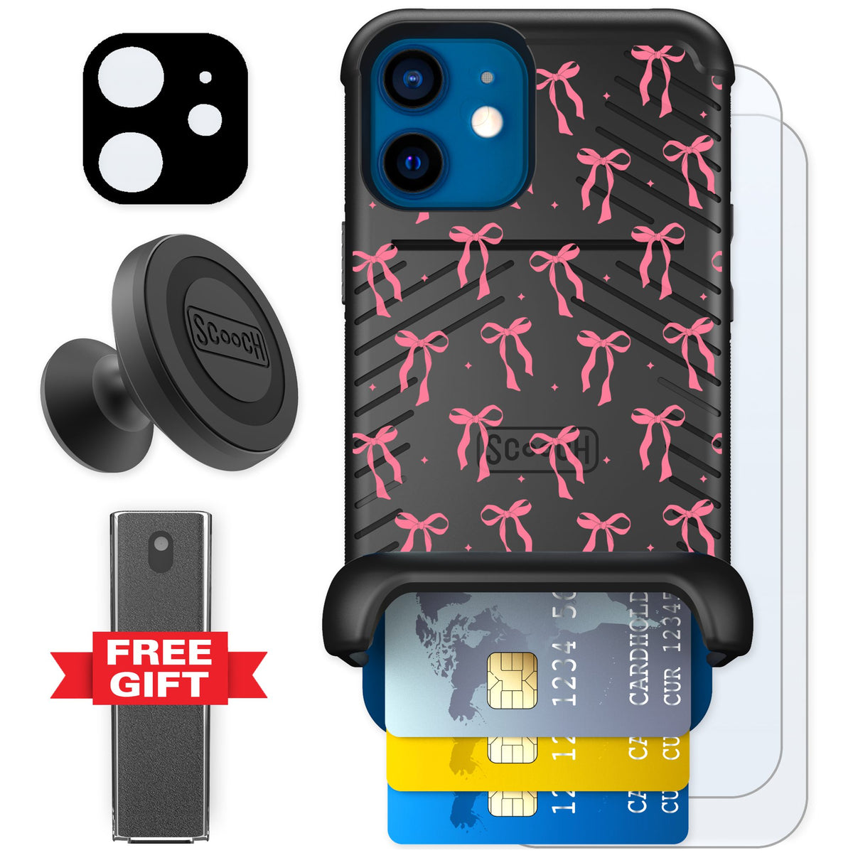 Scooch Wingmate Pink Bows for iPhone 12 mini — Defender Bundle