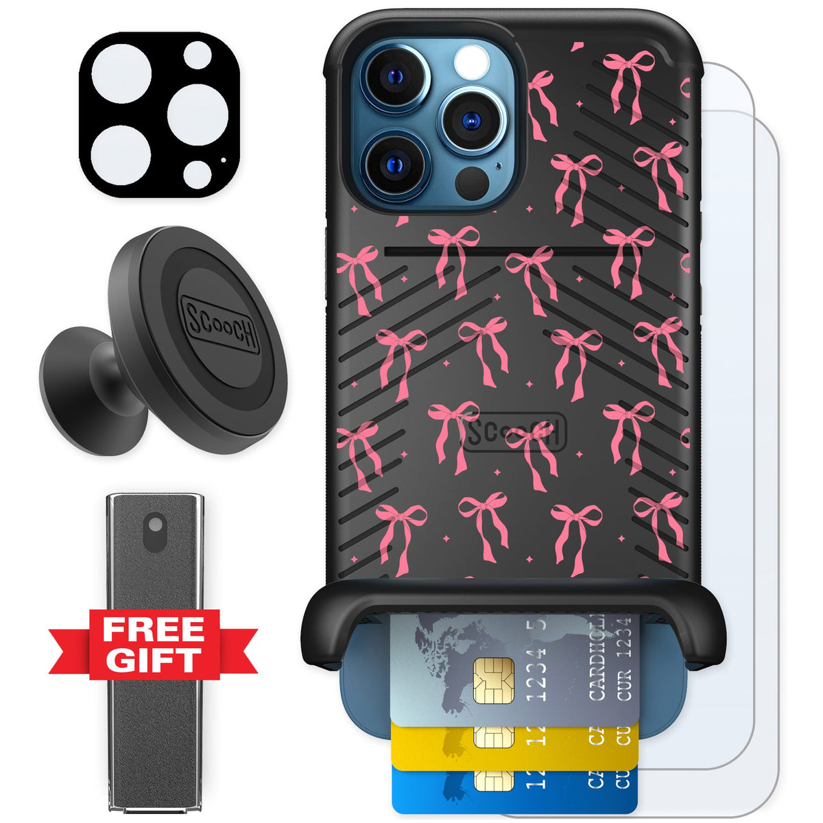 Scooch Wingmate Pink Bows for iPhone 12 Pro — Defender Bundle