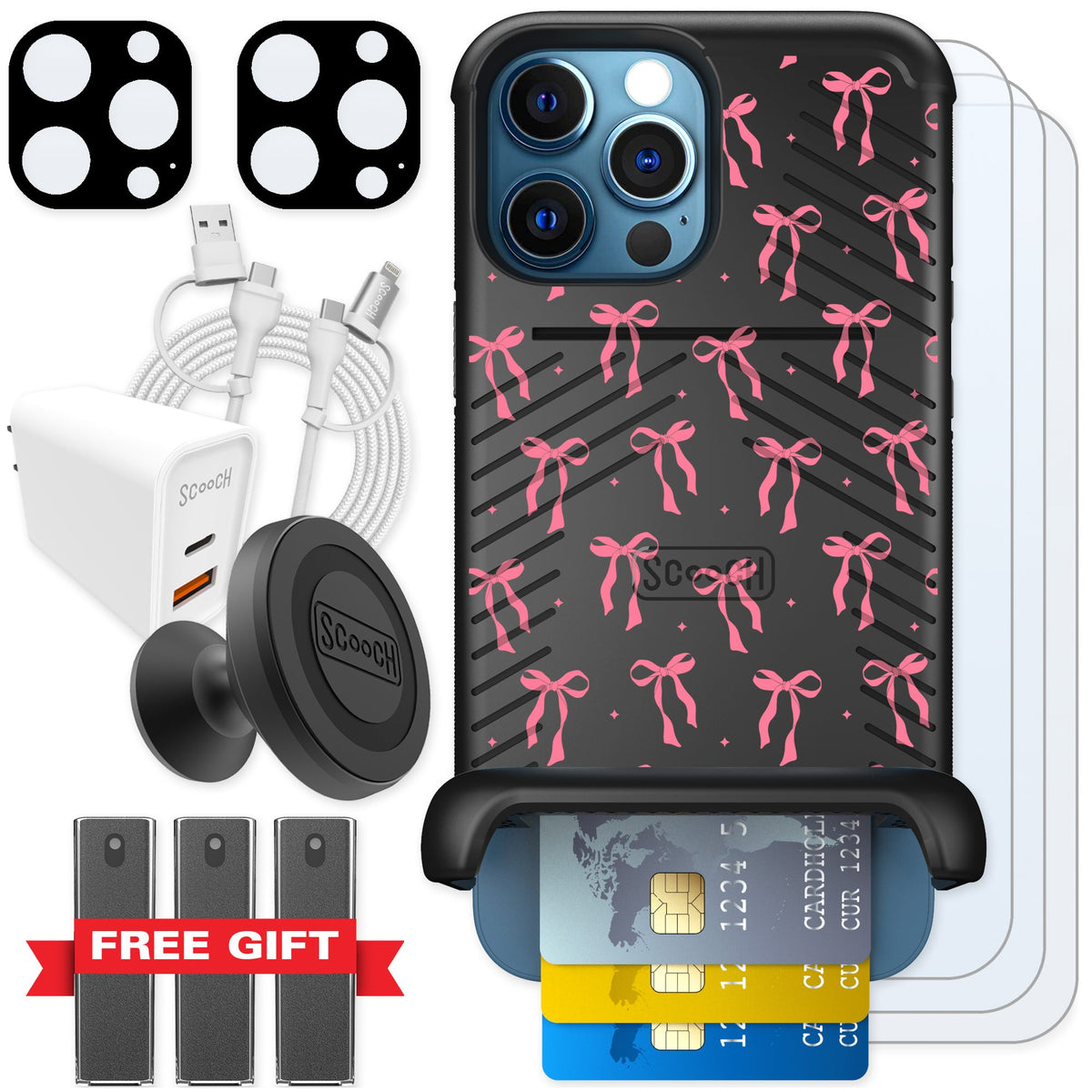 Scooch Wingmate Pink Bows for iPhone 12 Pro — Ultimate Bundle