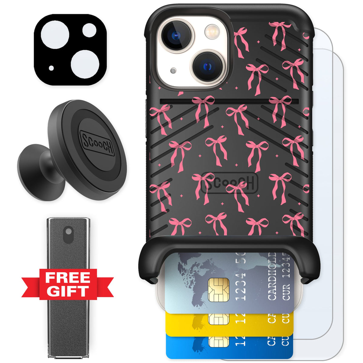 Scooch Wingmate Pink Bows for iPhone 13 mini — Defender Bundle