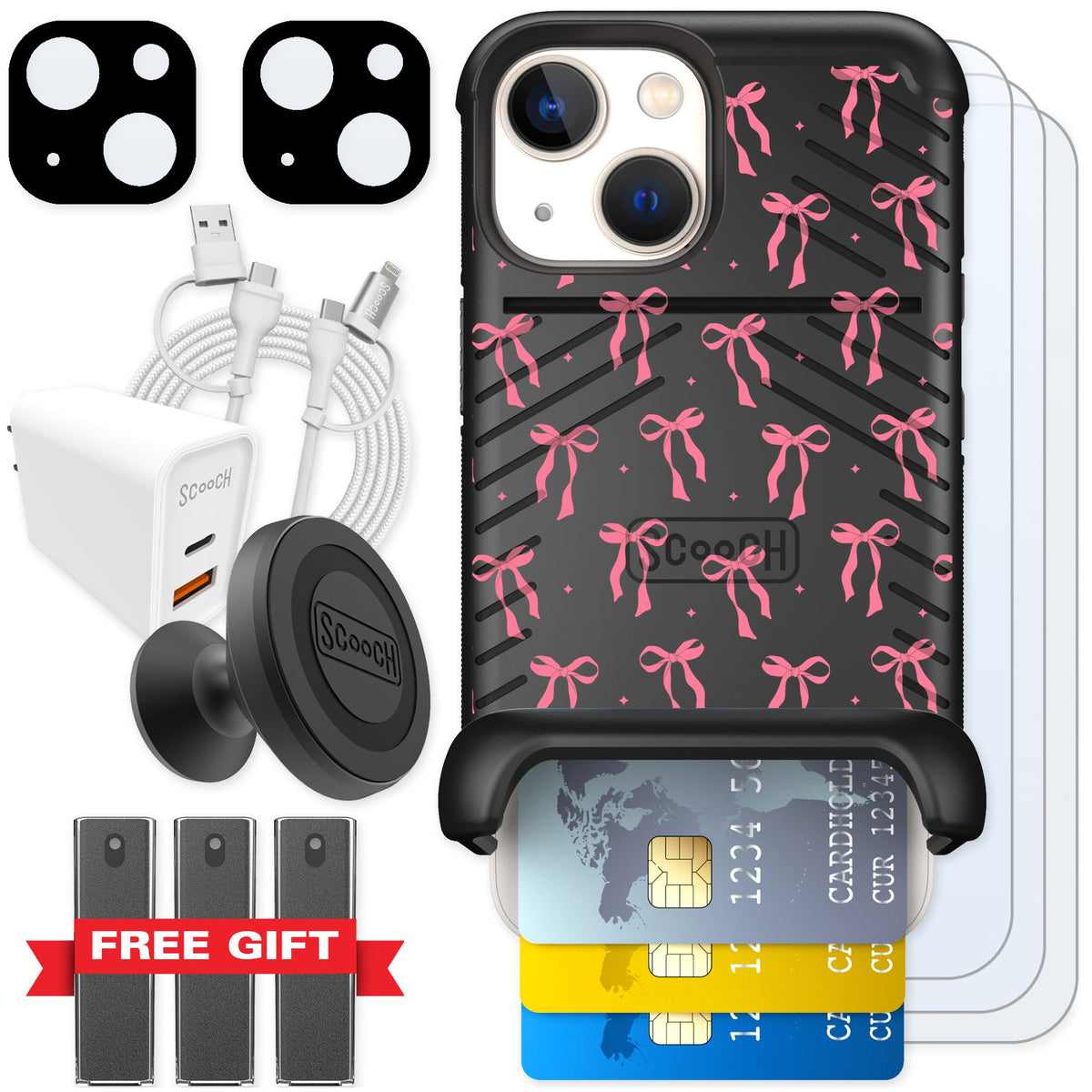 Scooch Wingmate Pink Bows for iPhone 13 mini — Ultimate Bundle