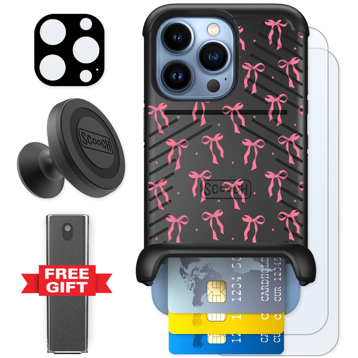 Scooch Wingmate Pink Bows for iPhone 13 Pro — Defender Bundle