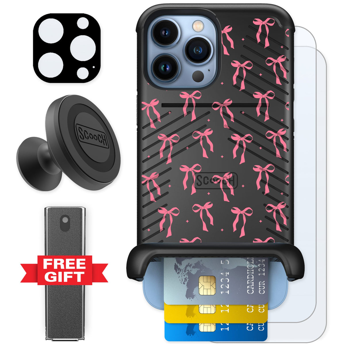 Scooch Wingmate Pink Bows for iPhone 13 Pro Max — Defender Bundle