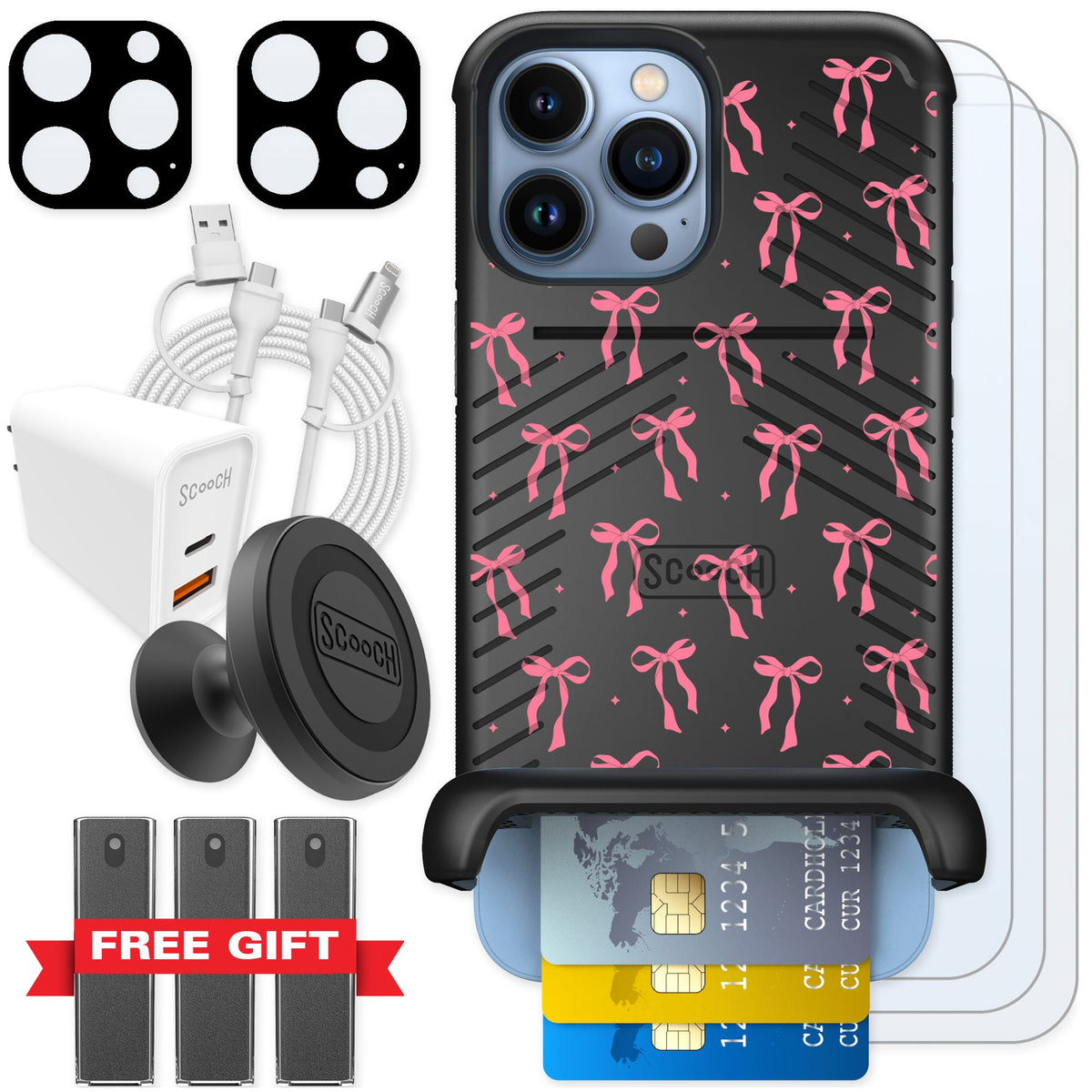 Scooch Wingmate Pink Bows for iPhone 13 Pro Max — Ultimate Bundle