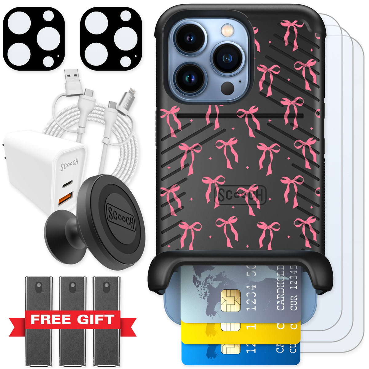 Scooch Wingmate Pink Bows for iPhone 13 Pro — Ultimate Bundle