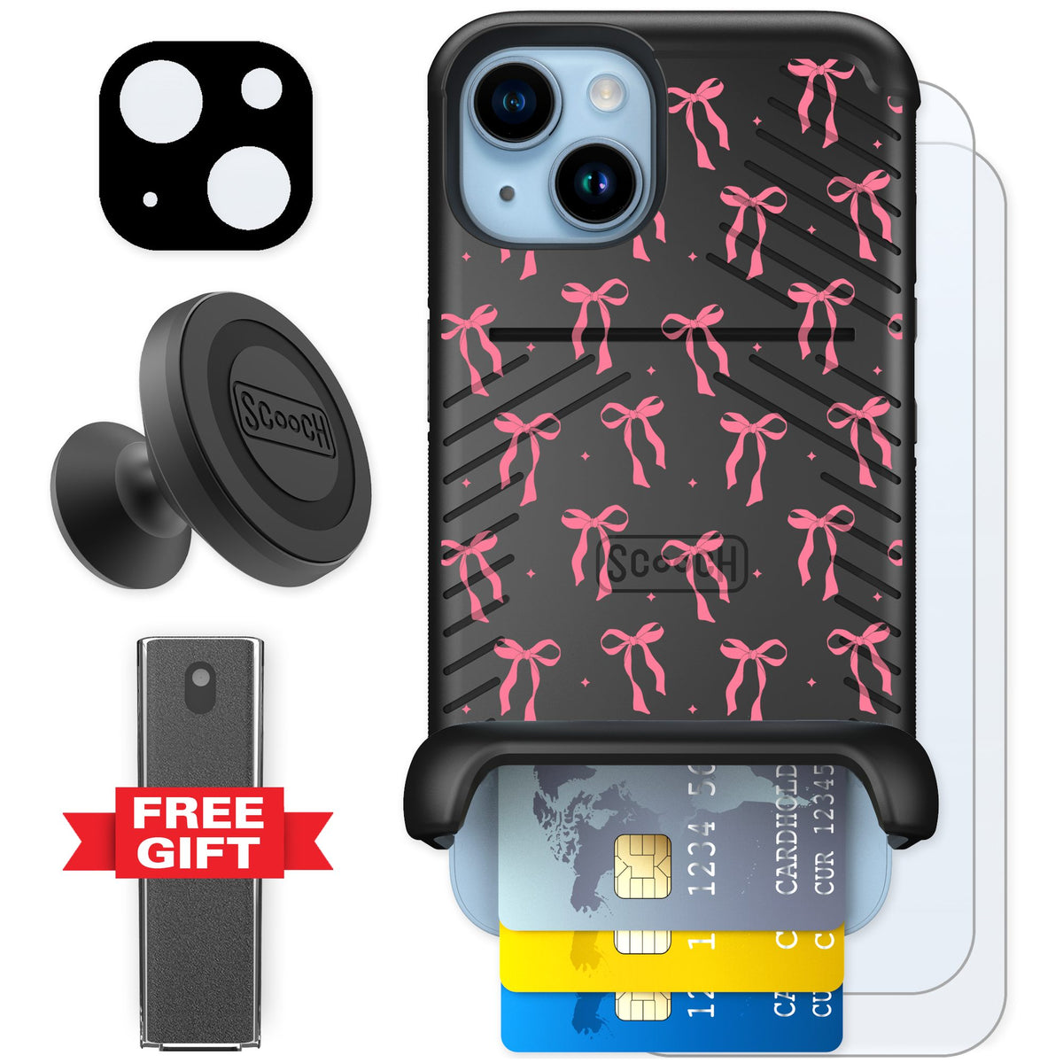 Scooch Wingmate Pink Bows for iPhone 14 — Defender Bundle