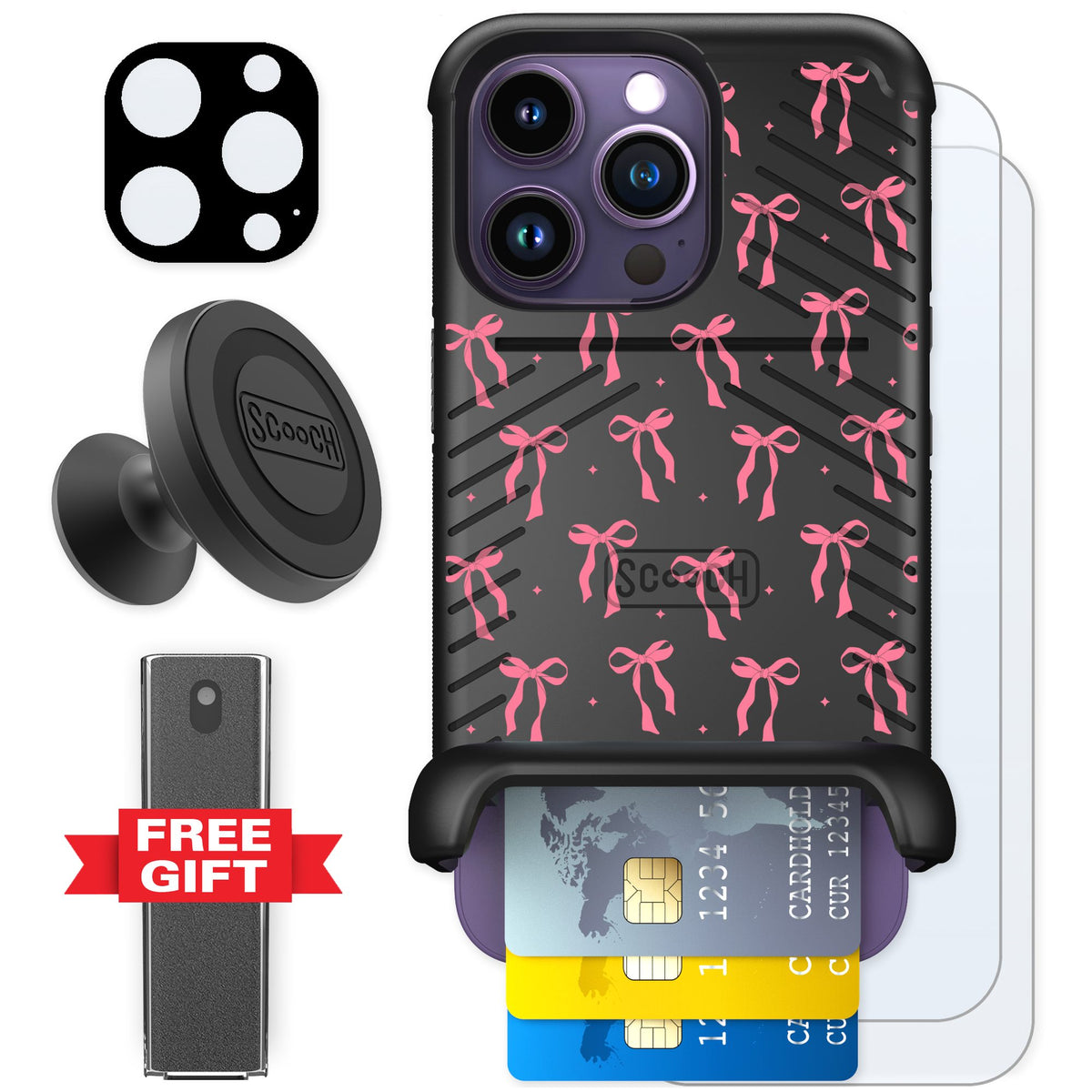Scooch Wingmate Pink Bows for iPhone 14 Pro — Defender Bundle