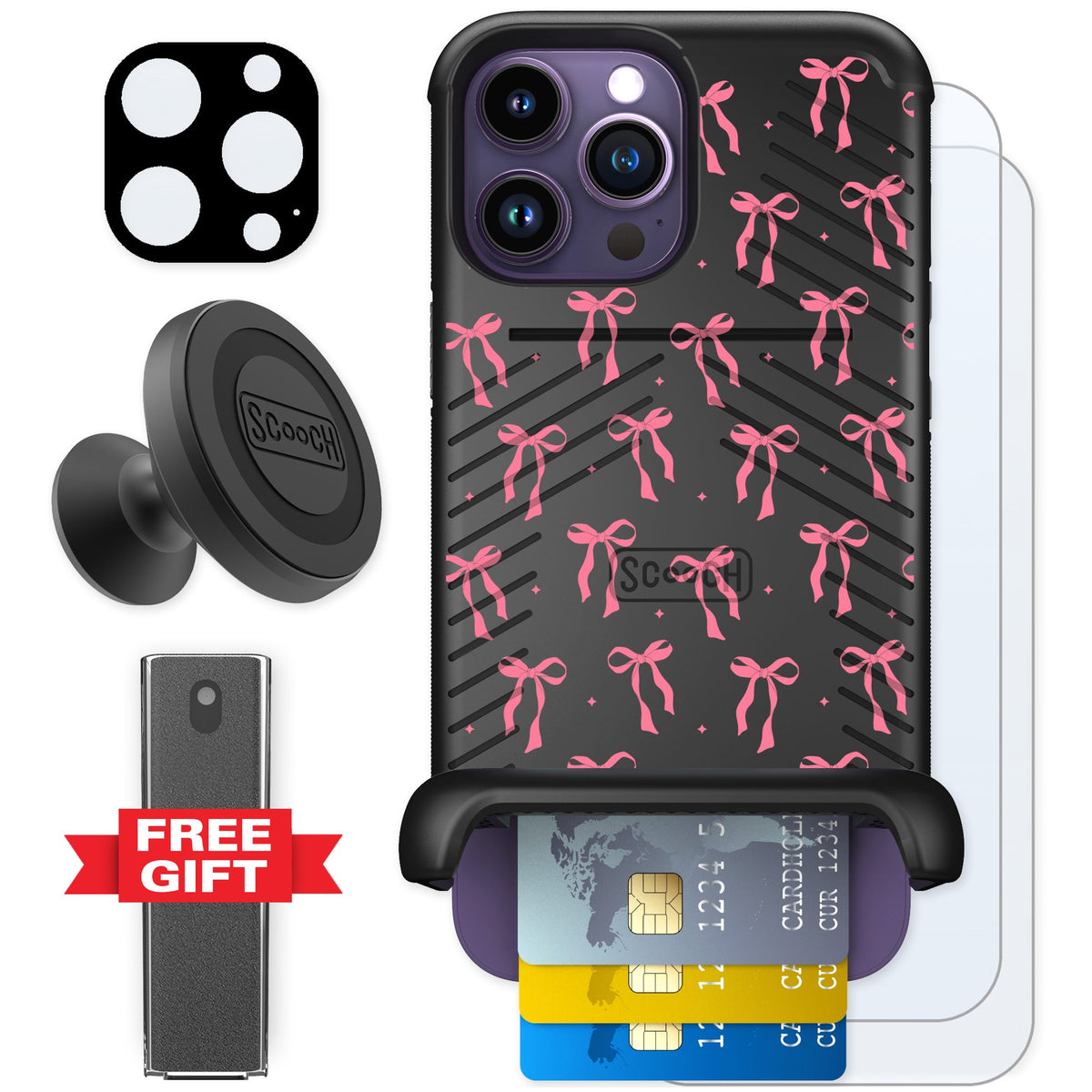 Scooch Wingmate Pink Bows for iPhone 14 Pro Max — Defender Bundle