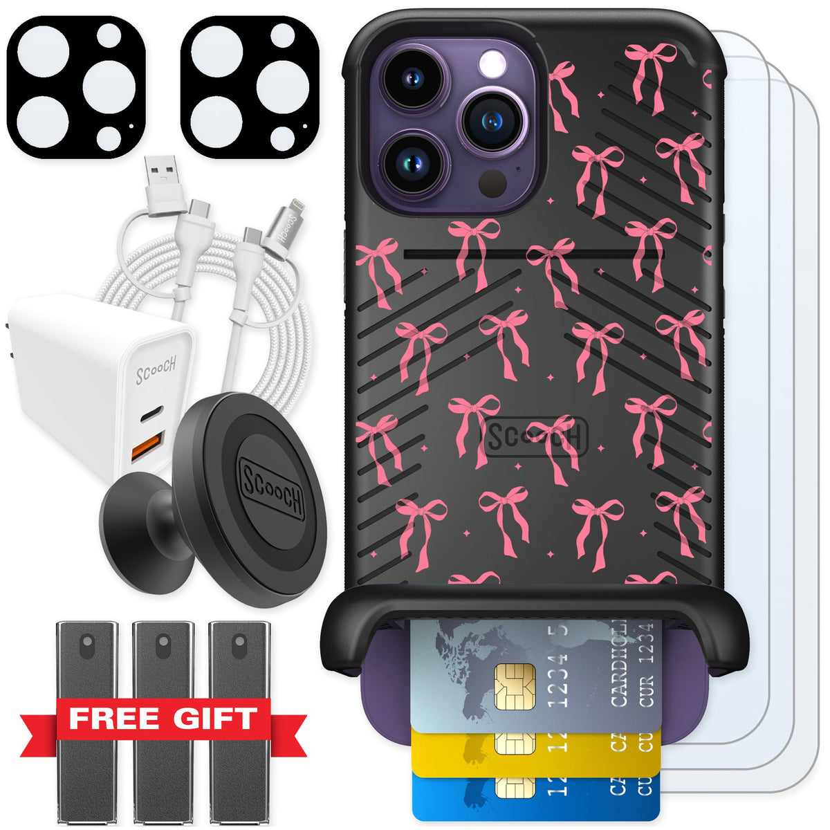 Scooch Wingmate Pink Bows for iPhone 14 Pro Max — Ultimate Bundle