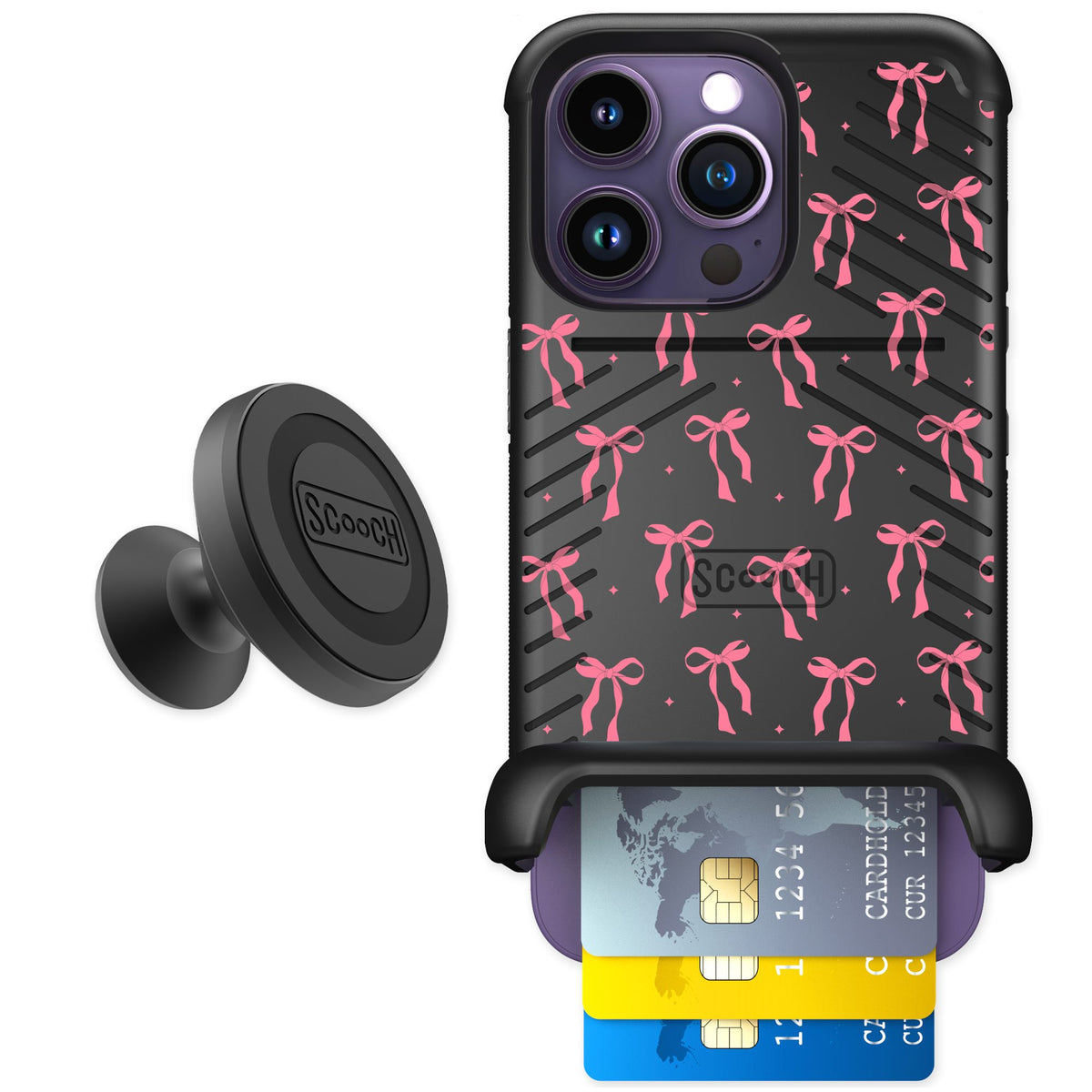 Scooch Wingmate Pink Bows for iPhone 14 Pro — Starter Bundle