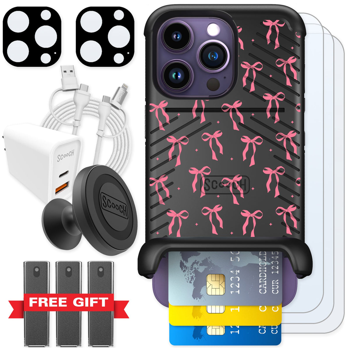 Scooch Wingmate Pink Bows for iPhone 14 Pro — Ultimate Bundle