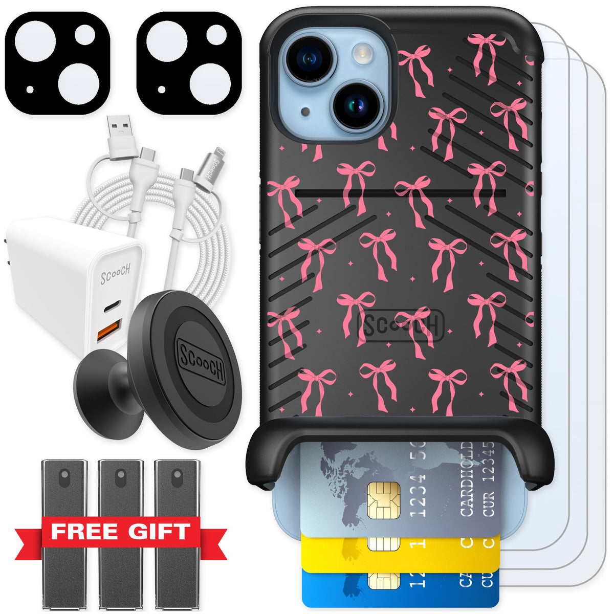 Scooch Wingmate Pink Bows for iPhone 14 — Ultimate Bundle