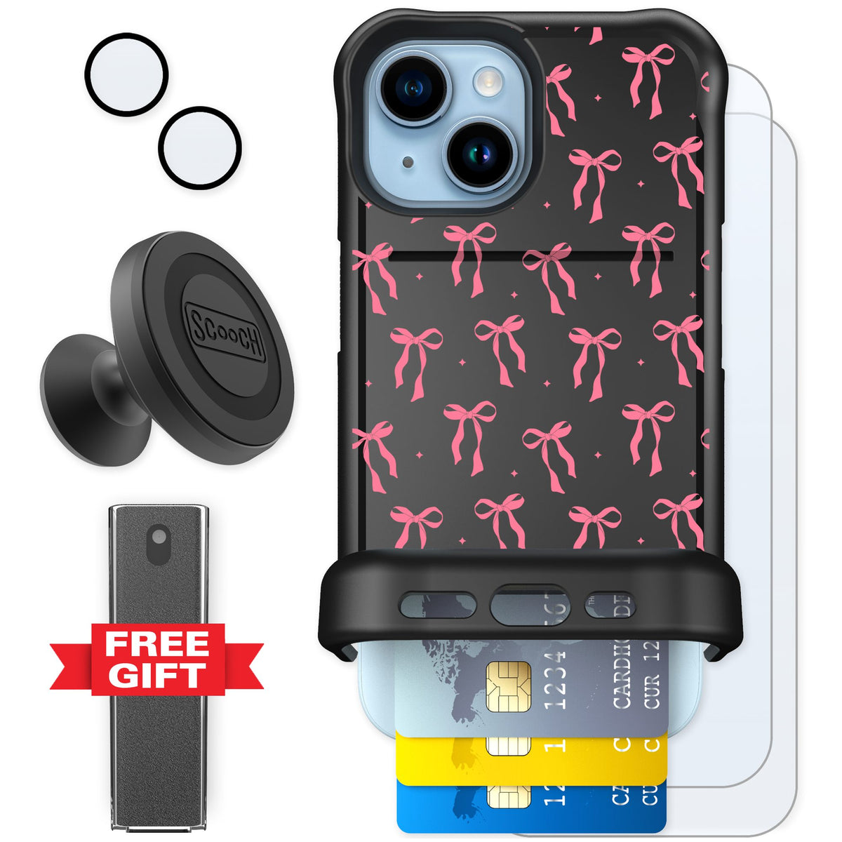 Scooch Wingmate Pink Bows for iPhone 15 — Defender Bundle