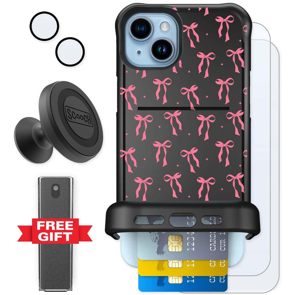 Scooch Wingmate Pink Bows for iPhone 14 Plus — Defender Bundle