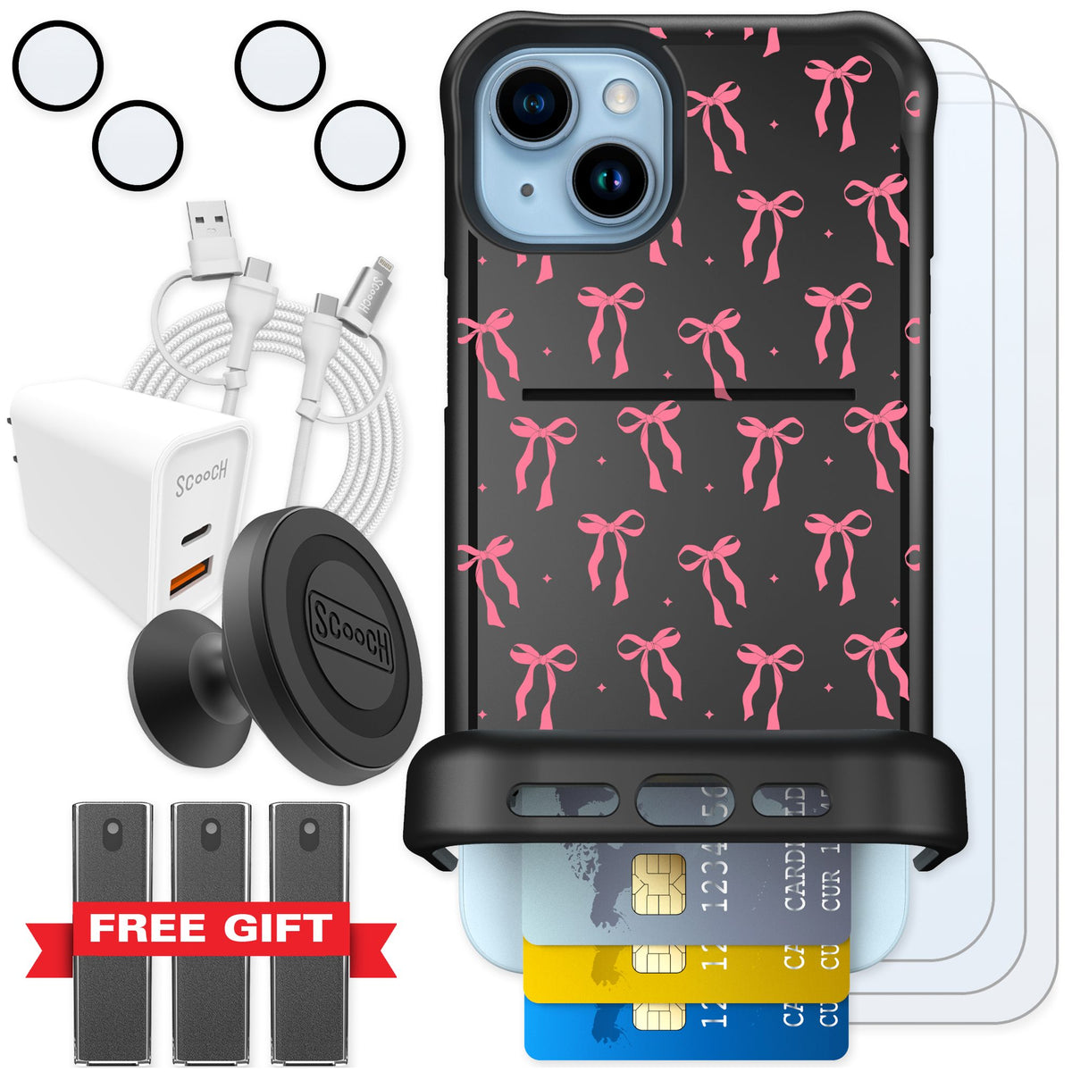 Scooch Wingmate Pink Bows for iPhone 14 Plus — Ultimate Bundle