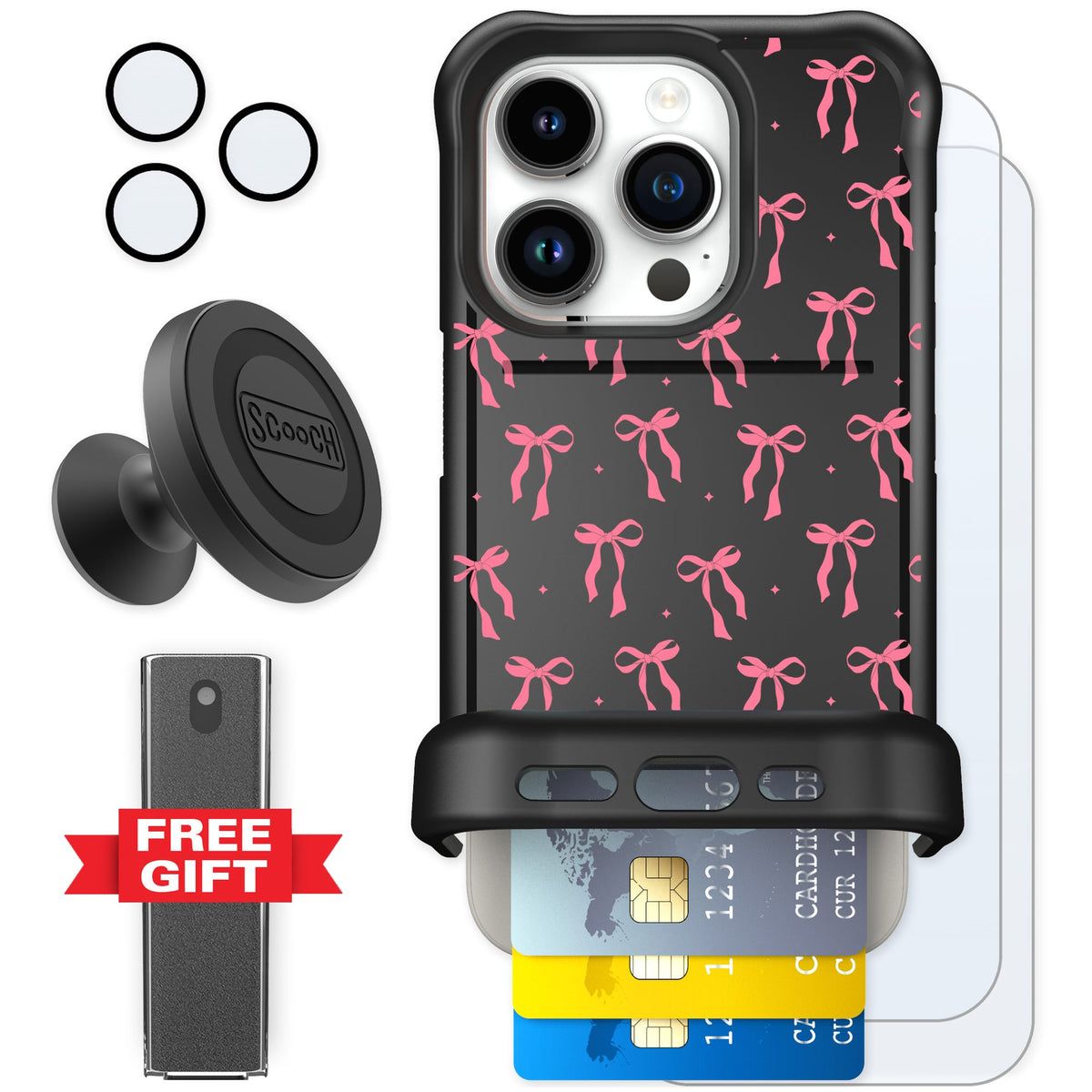 Scooch Wingmate Pink Bows for iPhone 15 Pro — Defender Bundle