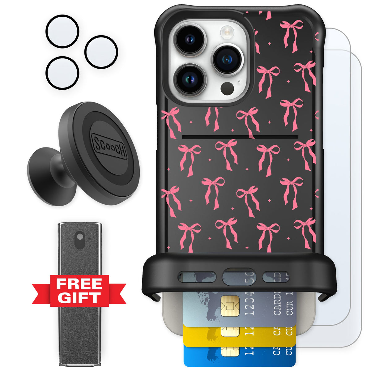 Scooch Wingmate Pink Bows for iPhone 15 Pro Max — Defender Bundle