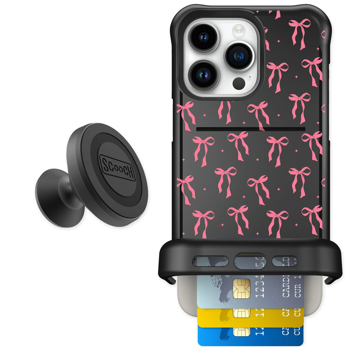 Scooch Wingmate Pink Bows for iPhone 15 Pro Max — Starter Bundle