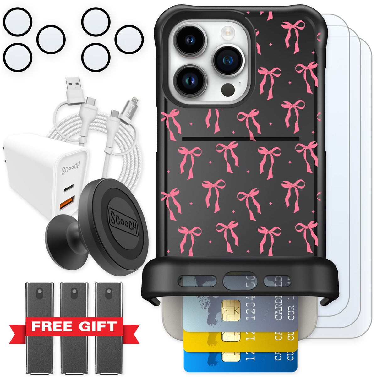 Scooch Wingmate Pink Bows for iPhone 15 Pro Max — Ultimate Bundle