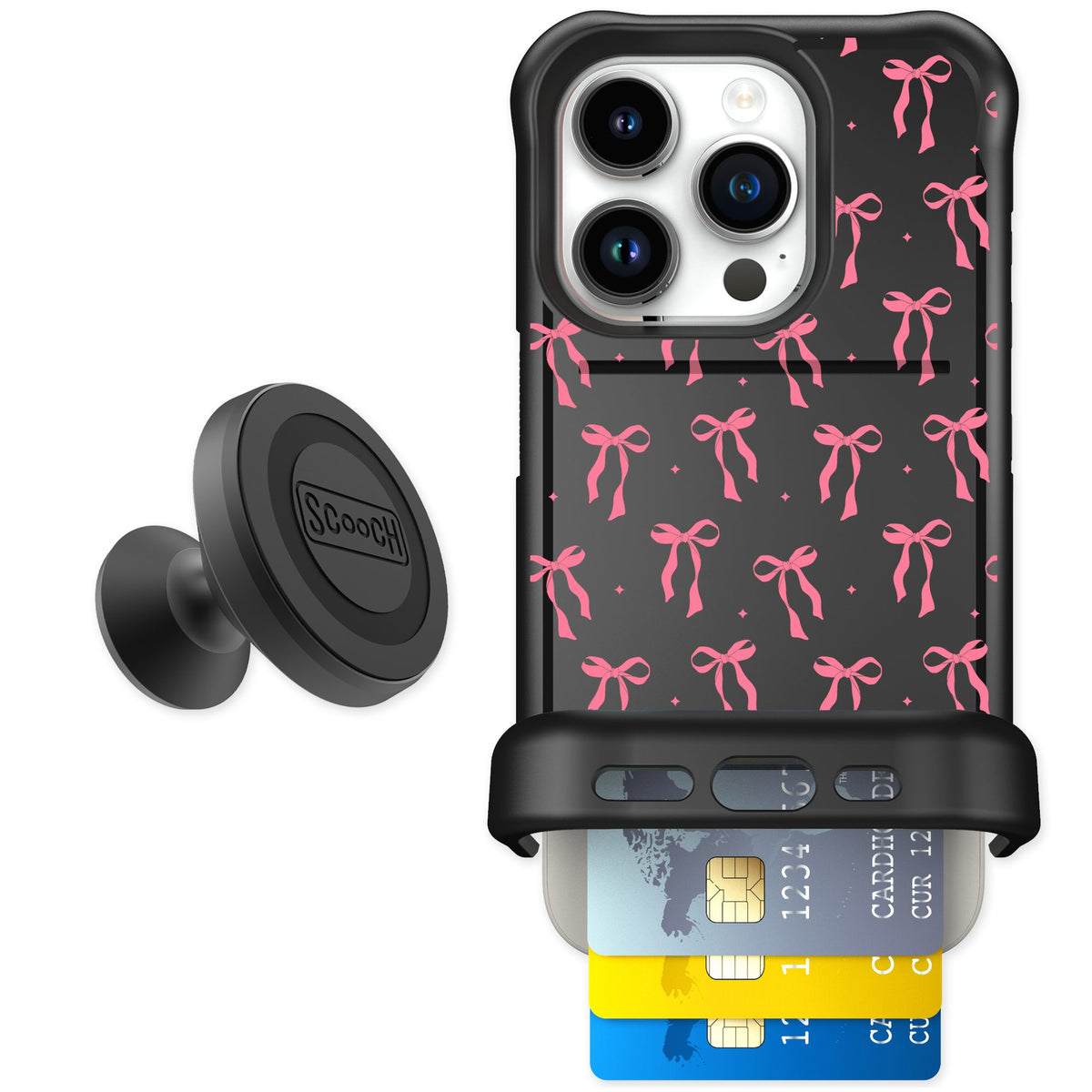 Scooch Wingmate Pink Bows for iPhone 15 Pro — Starter Bundle