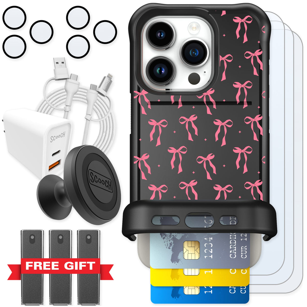 Scooch Wingmate Pink Bows for iPhone 15 Pro — Ultimate Bundle