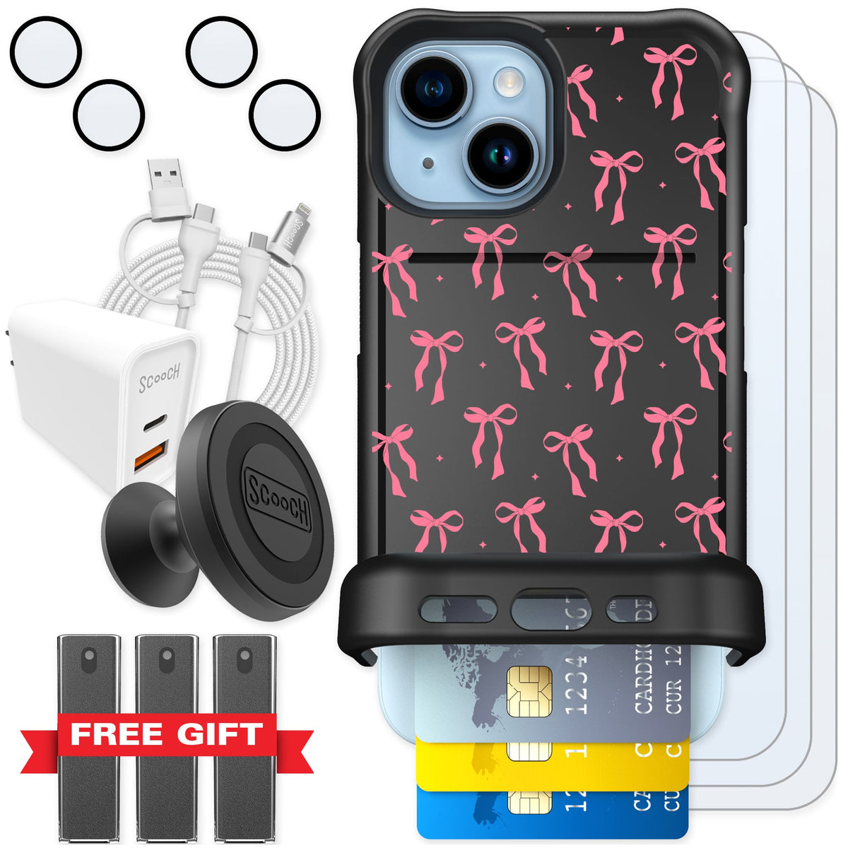 Scooch Wingmate Pink Bows for iPhone 15 — Ultimate Bundle