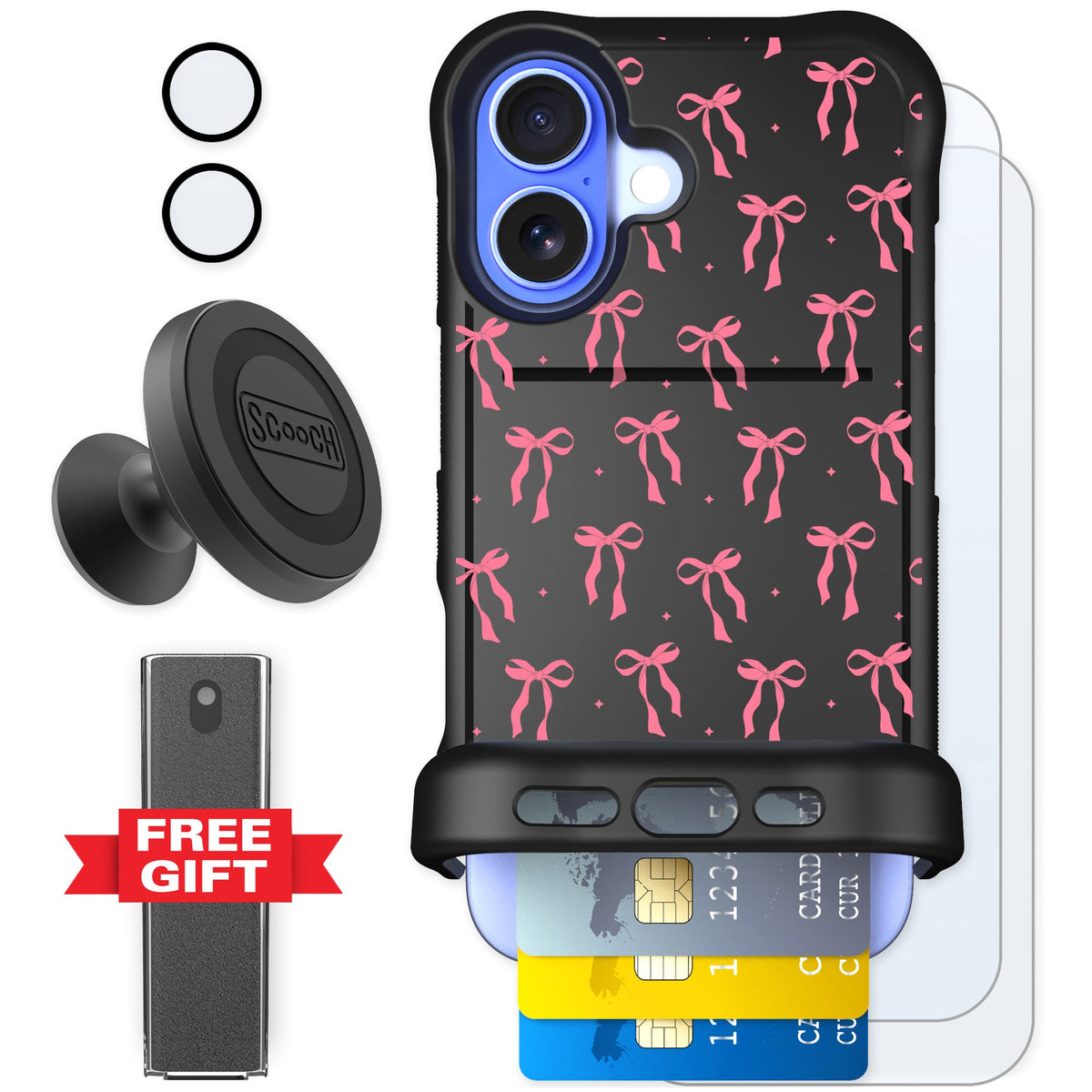 Scooch Wingmate Pink Bows for iPhone 16 — Defender Bundle