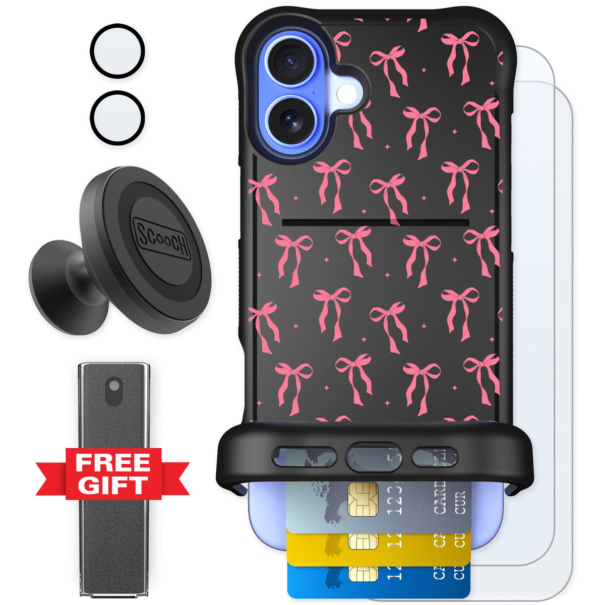 Scooch Wingmate Pink Bows for iPhone 16 Plus — Defender Bundle