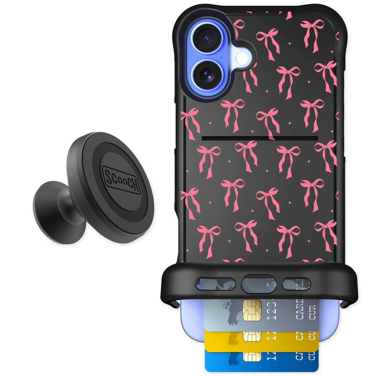 Scooch Wingmate Pink Bows for iPhone 16 Plus — Starter Bundle