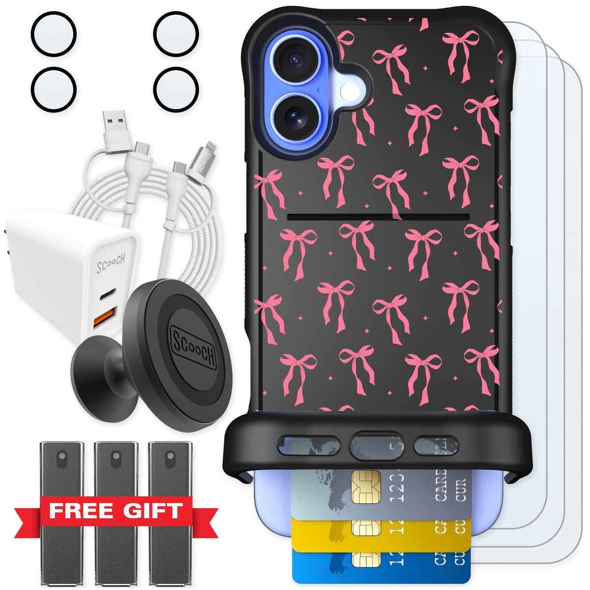 Scooch Wingmate Pink Bows for iPhone 16 Plus — Ultimate Bundle